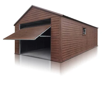 Plechová garáž 4x5 m, sedlová strecha, výklopná brána, drevodekor – Model 4