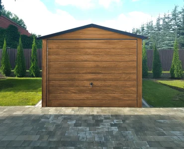 Plechová garáž 3x6 m, sedlová strecha, výklopná brána, drevodekor