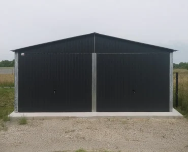 Plechová garáž 6x6 m, pre dve autá, sedlová strecha, výklopná brána, grafit