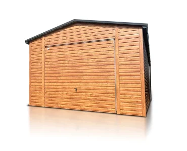 Plechová garáž 4,5x5 m, sedlová strecha, výklopná brána, drevodekor
