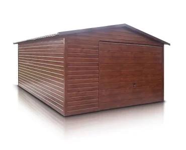 Plechová garáž 5x6 m, sedlová strecha, výklopná brána, drevodekor – Model 2
