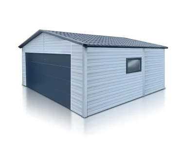 Plechová garáž 6x5 m, sedlová strecha, sekcionálna brána, biela – Model 2