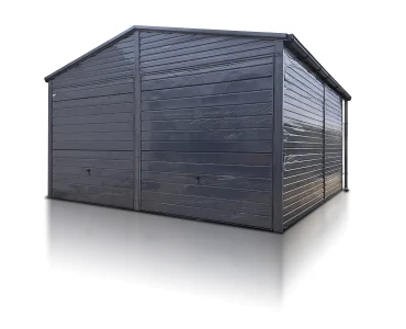 Plechová garáž 6x5 m, pre dve autá, sedlová strecha, výklopná brána, grafit – Model 4