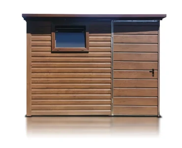 Plechová garáž 2,5x3 m, pultová strecha, drevodekor