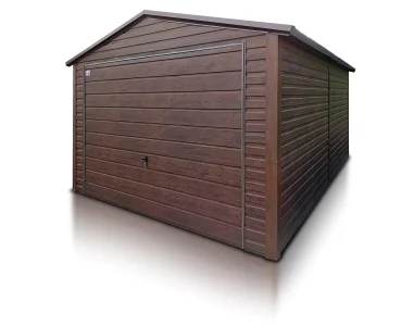 Plechová garáž 4x5 m, sedlová strecha, výklopná brána, drevodekor – Model 5