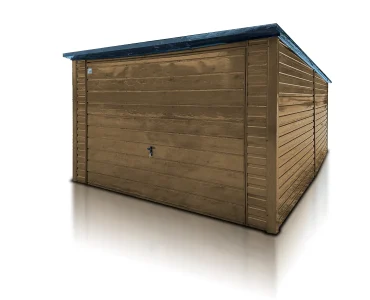 Plechová garáž 3,5x5 m, pultová strecha, výklopná brána, drevodekor