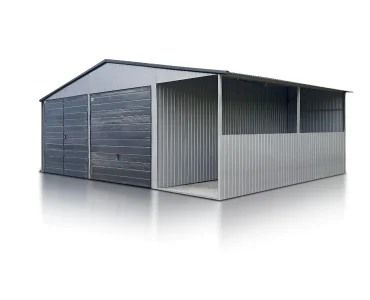 Plechová garáž 6x6 m, pre dve autá, sedlová strecha, výklopná brána, hliník, prístrešok 2 m
