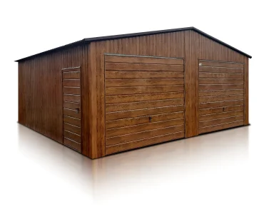 Plechová garáž 7x5 m, pre dve autá, sedlová strecha, výklopná brána, drevodekor – Model 2