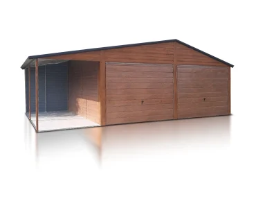 Plechová garáž 6x5 m, pre dve autá, sedlová strecha, výklopná brána, drevodekor, prístrešok 2 m – Model 2