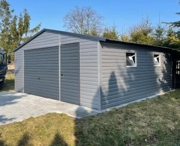 Plechová garáž 6x5 m, sedlová strecha, výklopná brána, hliník