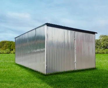Plechová garáž 3,5x5 m, pultová strecha, dvojkrídlová brána, zinok