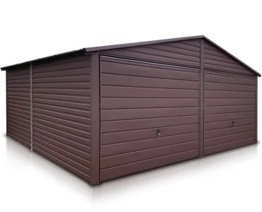 Plechová garáž 6x5 m, pre dve autá, sedlová strecha, výklopná brána, tmavo hnedá