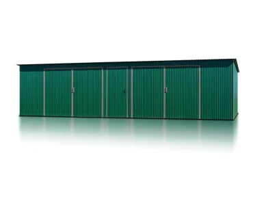 Plechová garáž 10x6 m, pre dve autá, pultová strecha, dvojkrídlová brána, zelená