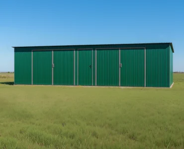Plechová garáž 10x6 m, pre dve autá, pultová strecha, dvojkrídlová brána, zelená