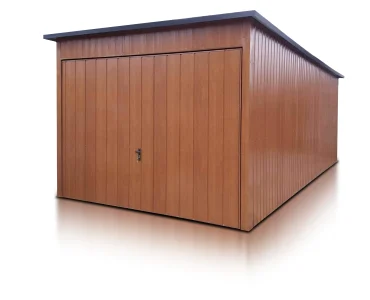 Plechová garáž 3x6 m, pultová strecha, výklopná brána, drevodekor – Model 2
