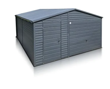 Plechová garáž 5x6 m, sedlová strecha, výklopná brána, grafit – Model 2
