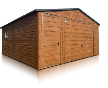 Plechová garáž 5x5 m, sedlová strecha, výklopná brána, drevodekor – Model 2