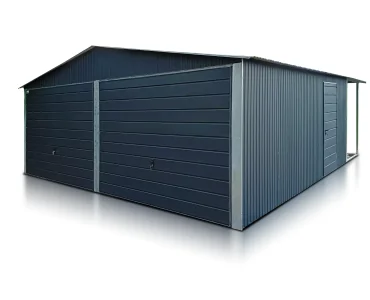 Plechová garáž 6x6 m, pre dve autá, sedlová strecha, výklopná brána, čierna
