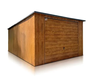 Plechová garáž 4x6 m, pultová strecha, výklopná brána, drevodekor – Model 3