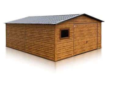 Plechová garáž 5x6 m, sedlová strecha, výklopná brána, drevodekor – Model 4