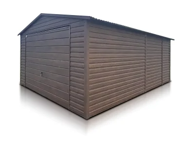 Plechová garáž 4x6 m, sedlová strecha, výklopná brána, tmavo hnedá