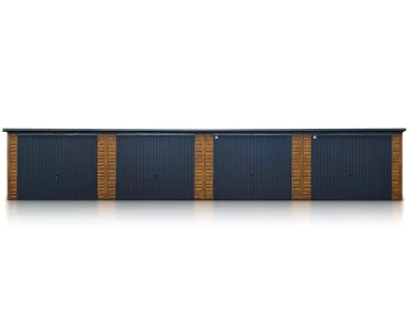 Plechová garáž 14x6 m, pultová strecha, výklopná brána, drevodekor