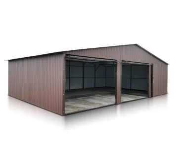 Plechová garáž 9x6 m, pre dve autá, sedlová strecha, výklopná brána, tmavo hnedá