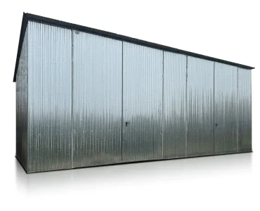 Plechová garáž 9x5 m, pre dve autá, pultová strecha, dvojkrídlová brána, zinok