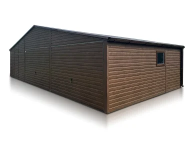 Plechová garáž 9x5 m, pre dve autá, sedlová strecha, výklopná brána, tmavo hnedá – Model 2