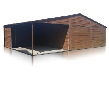 Plechová garáž 10x5 m, pre dve autá, sedlová strecha, výklopná brána, drevodekor tmavo hnedá