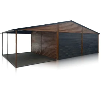 Plechová garáž 9x5 m, pre dve autá, sedlová strecha, výklopná brána, drevodekor