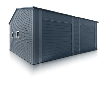 Plechová garáž 7x6 m, pre dve autá, sedlová strecha, výklopná brána, grafit – Model 2