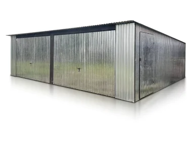 Plechová garáž 7x5 m, pre dve autá, pultová strecha, výklopná brána, zinok – Model 2