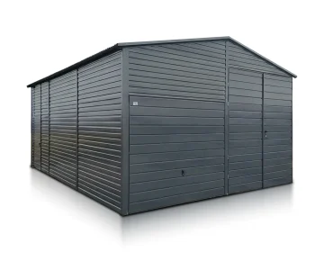 Plechová hala 6x8 m, sedlová strecha, výklopná brána, grafit – Model 2