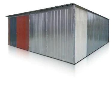 Plechová garáž 6x6 m, pultová strecha, dvojkrídlová brána, viacfarebná, III. akosť