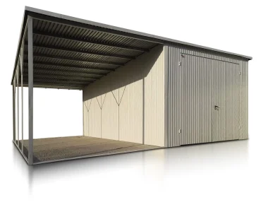 Plechová garáž 4x6 m, pre dve autá, pultová strecha, dvojkrídlová brána, biela