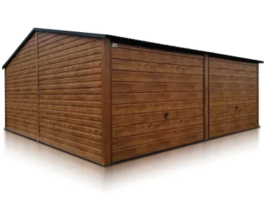 Plechová garáž 6x6 m, pre dve autá, sedlová strecha, výklopná brána, drevodekor – Model 5
