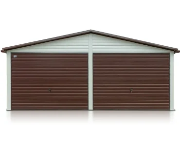 Plechová garáž 6x6 m, pre dve autá, sedlová strecha, výklopná brána, biela