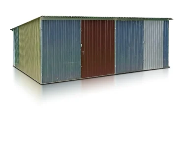 Plechová garáž 6x5 m, pre dve autá, pultová strecha, dvojkrídlová brána, viacfarebná, III. akosť