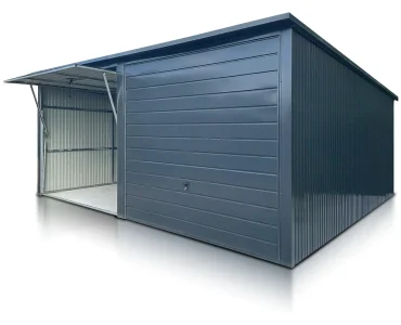 Plechová garáž 6x5 m, pre dve autá, pultová strecha, výklopná brána, grafit – Model 2