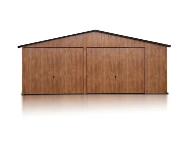 Plechová garáž 6,5x5 m, pre dve autá, sedlová strecha, výklopná brána, drevodekor – Model 2