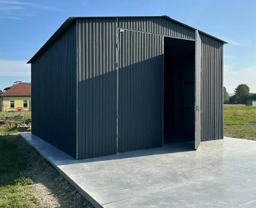 Plechová hala 5x6 m, sedlová strecha, dvojkrídlová brána, grafit