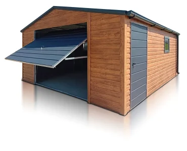 Plechová garáž 5x6 m, sedlová strecha, výklopná brána, drevodekor – Model 3