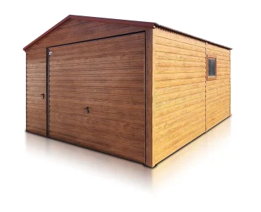 Plechová garáž 4x5 m, sedlová strecha, výklopná brána, drevodekor – Model 6