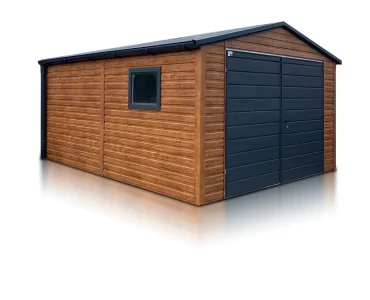 Plechová garáž 4x5 m, sedlová strecha, dvojkrídlová brána, drevodekor – Model 2