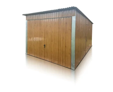 Plechová garáž 3x5 m, pultová strecha, výklopná brána, drevodekor – Model 6