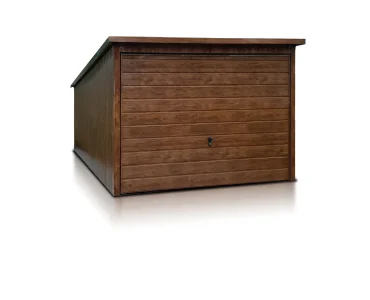 Plechová garáž 3x5 m, pultová strecha, výklopná brána, drevodekor – Model 5
