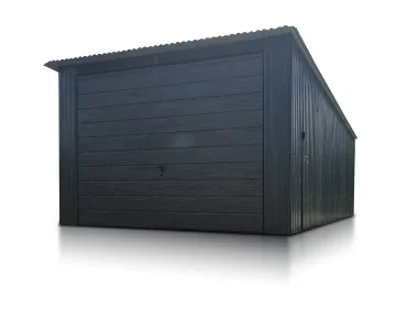 Plechová garáž 3,5x6 m, pultová strecha, výklopná brána, drevodekor – Model 2
