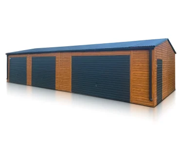 Plechová garáž 13x6 m, pre tri autá, sedlová strecha, výklopná brána, drevodekor