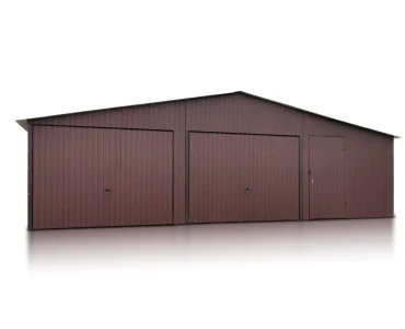 Plechová garáž 9x5 m, pre dve autá, sedlová strecha, výklopná brána, tmavo hnedá